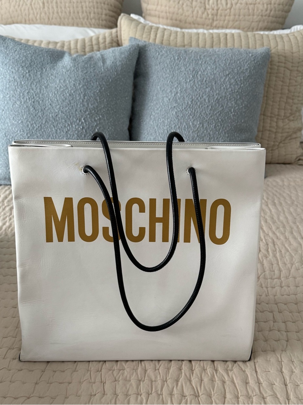 Moschino White Tote with Gold Logo and Black Handles